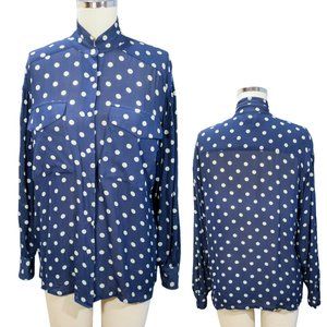 Marc Allan Silk -Blue Polka Dot Blouse w Mandarin Collar  - Size 8 - Vintage